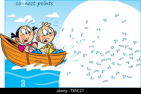 In illustrazione vettoriale puzzle con il cartoon bambini che sono flottanti in una barca. Il compito è quello di collegare i punti al fine di scoprire chi hanno vedere Illustrazione Vettoriale