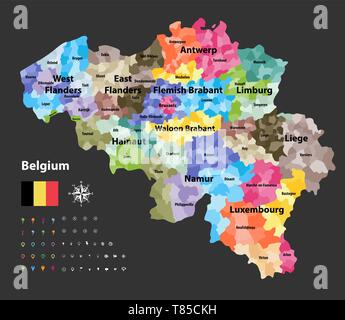 Belgio mappa che mostra le province e suddivisioni amministrative (comuni), colorato da circondari Illustrazione Vettoriale