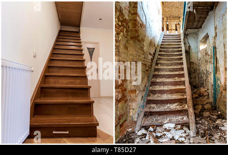 Confronto di marrone moderna scala in legno nel nuovo appartamento ristrutturato interno e la vecchia scala scale. Prima del restauro e dopo casa reconstructio Foto Stock