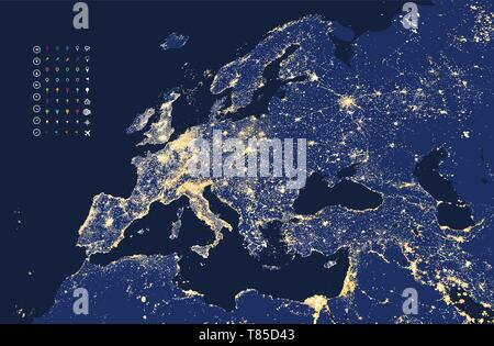 Illustrazione vettoriale dell'Europa luci della città mappa Illustrazione Vettoriale