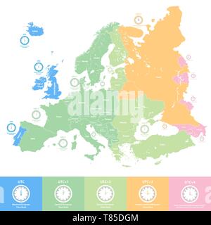 Europa fusi orari alta mappa dettagliata Illustrazione Vettoriale
