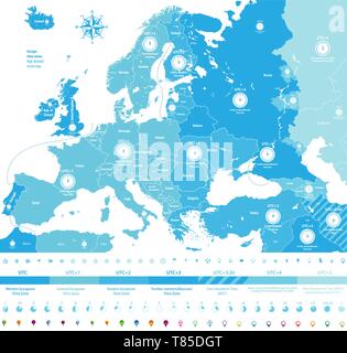 Europa fusi orari alta mappa dettagliata Illustrazione Vettoriale