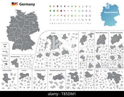 Germania alta dettagliata mappa vettoriale (colorato da stati e distretti amministrativi Illustrazione Vettoriale