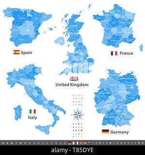 Alta vettore dettagliate mappe di Regno Unito, Italia, Germania, Francia e Spagna Illustrazione Vettoriale