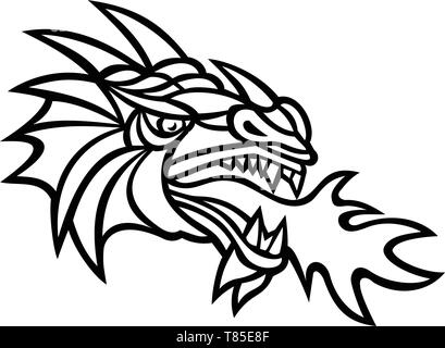 Icona di mascotte illustrazione della testa di un mitico Dragon fuoco respirazione visto dal lato su sfondo isolato in stile retrò fatto in bianco e nero. Illustrazione Vettoriale