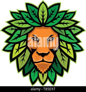 Icona di mascotte illustrazione della testa di leone con foglie come mane se visto dalla parte anteriore su sfondo isolato in stile retrò. Illustrazione Vettoriale