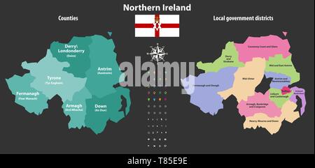 Irlanda del Nord e nelle contee del governo locale distretti mappa vettoriale Illustrazione Vettoriale