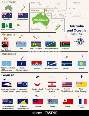 Australia e Oceania(includono Australasia, Micronesia, Melanesia e Polinesia) mappa con paese isolato mappe e bandiere Illustrazione Vettoriale