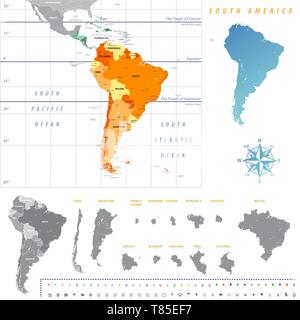 Sud America mappa con ciascun paese mappa separatamente isolati su sfondo bianco Illustrazione Vettoriale