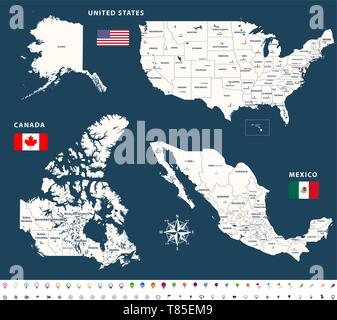 Mappe vettoriali del Canada, Stati Uniti e Messico con bandiere Illustrazione Vettoriale