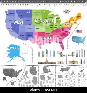 Stati Uniti d'America mappa colorata da regioni Illustrazione Vettoriale