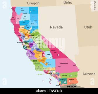 Il vettore ad alta mappa dettagliata della California distretti congressuali fin dal 2013. Illustrazione Vettoriale