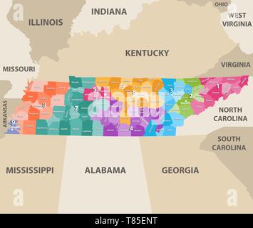 Vettore di Tennessee congressional distrcits mappa con gli Stati più vicini Illustrazione Vettoriale