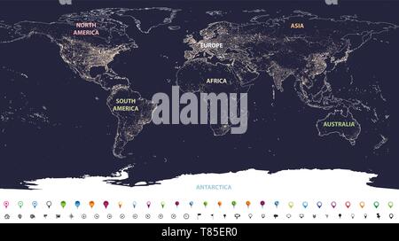 Messa a terra luci della città di mappa con sagome di continenti Illustrazione Vettoriale