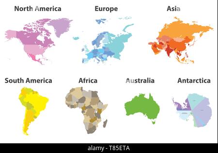 Set di vettore di tutti i continenti mappe politico isolato su sfondo bianco Illustrazione Vettoriale