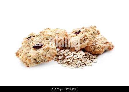 Deliziosi biscotti di farina di avena su sfondo bianco Foto Stock