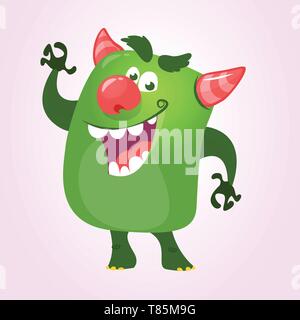 Cool cartoon monster pressenting o mano di puntamento. Vector Green monster troll illustrazione. Il design di Halloween. Progettazione per la decorazione, stampare o adesivo Illustrazione Vettoriale
