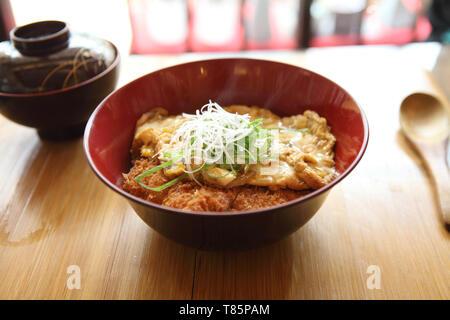 Katsudon - Giapponese panate fritte cotoletta di maiale (tonkatsu) guarnita con uovo sul riso Foto Stock