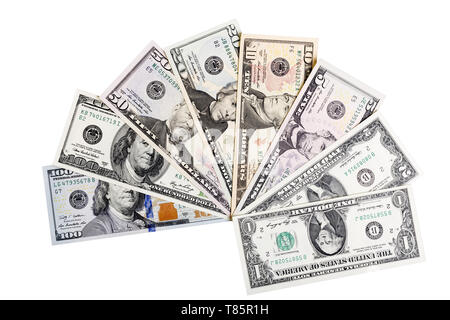 Le banconote di Stati Uniti d'America, Dollaro. Ci sono tutti inclusi - 100, 50, 20, 10, 2 e 1 le fatture del dollaro. Foto Stock
