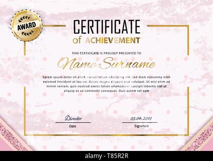 Rosa modello di certificato. Bianco di lusso in marmo rosa con oro square per reparto cosmetico, profumi, negozi, business Illustrazione Vettoriale