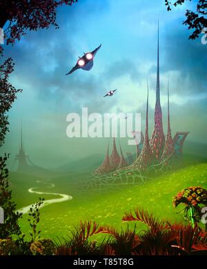 Alien città su un pianeta extrasolare, illustrazione Foto Stock