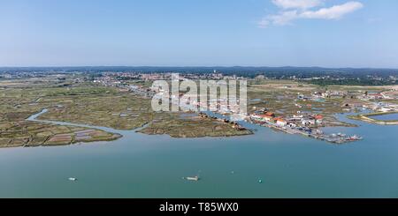 Francia, Charente Maritime, La Tremblade, La Tremblade canale e il fiume Seudre (vista aerea) Foto Stock