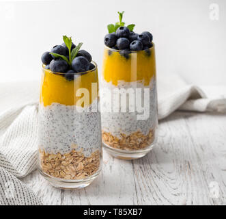 Bicchiere di yogurt con mirtilli e mango mousse, chia semi e farina di avena. Foto Stock