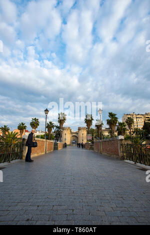 Palms ponte sul fiume Guadiana in Badajoz Foto Stock