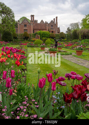 Chenies Manor House e Giardini ai primi di maggio; il sunken garden pranzo con vibrante viola, rosso e rosa tulipani con il laghetto ornamentale e di scultura, Foto Stock