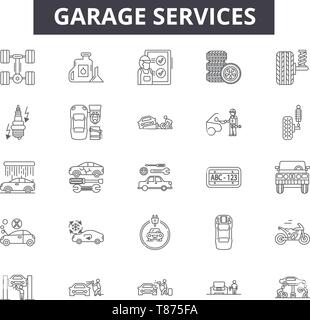 Garage servizi le icone della linea, segni, set di vettore, concetto di contorno, illustrazione lineare Illustrazione Vettoriale