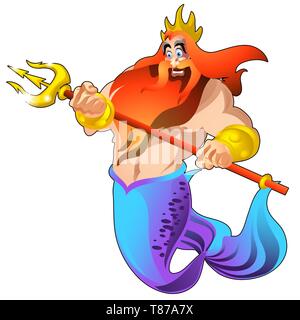 Poseidon con un tridente dorato e una corona isolati su sfondo bianco. Vector cartoon close-up illustrazione. Illustrazione Vettoriale