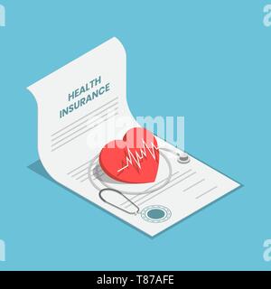 Appartamento 3D isometrica cuore e uno stetoscopio sull' assicurazione malattia documento contrattuale. Assistenza sanitaria assicurazione medica la concezione di business. Illustrazione Vettoriale