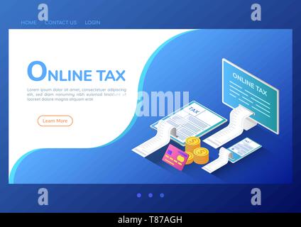 3D isometrica banner per il sito web on-line pagamento tasse sul computer e smartphone digitale compressa. Fiscale Online servizio di pagamento pagina di atterraggio del concetto. Illustrazione Vettoriale