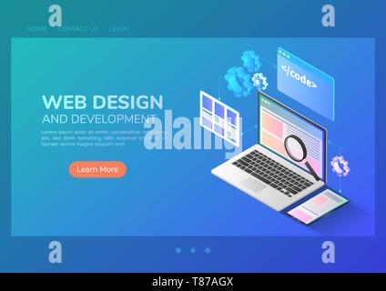 3D isometrica banner web sito di sviluppo e applicazione di interfaccia design sul computer portatile. Lo sviluppo Web e applicazione di design. Illustrazione Vettoriale