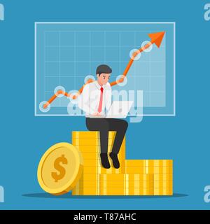 Imprenditore seduto sulla pila di monete con il computer portatile e il mercato azionario grafico. Il mercato azionario Investimenti e analisi di business concetto. Illustrazione Vettoriale