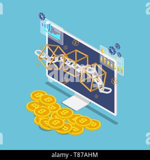 Appartamento 3D isometrica blockchain simbolo sul monitor e bitcoin. Tecnologia Blockchain cryptocurrency e concetto. Illustrazione Vettoriale