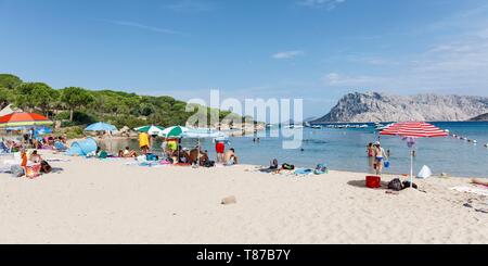 L'Italia, Sardegna, Olbia Tempio Provincia, San Teodoro, Coda Cavallo, Cala Suaraccia spiaggia prima di Molara e isole di Tavolara Foto Stock