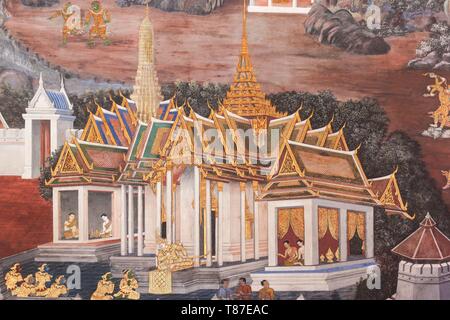 Thailandia, Bangkok, Ko Ratanakosin Area, Wat Phra Kaew, Tempio del Buddha d'oro, dettaglio del Ramakan Murales Foto Stock