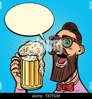 Hipster bevendo una tazza di birra. Fumetto cartoon arte pop retrò illustrazione vettoriale disegno a mano Illustrazione Vettoriale