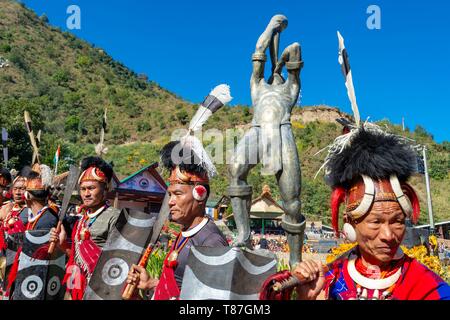 India, Nagaland, Kohima, riunione annuale di tutti i Naga tribù durante il Festival di Hornbill Foto Stock