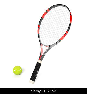 Racchetta da Tennis con sfera gialla. 3D rendering immagine isolata su sfondo bianco Foto Stock