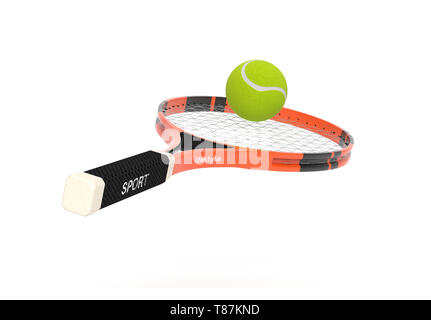 Racchetta da Tennis con sfera gialla. 3D rendering immagine isolata su sfondo bianco Foto Stock