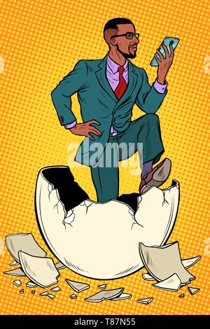 Il proprietario era nato da un uovo. Letture news nello smartphone. La Pop art retrò illustrazione vettoriale kitsch vintage Illustrazione Vettoriale