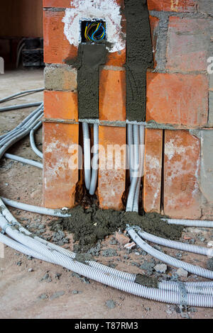 Fili elettrici / cavi elettrici / cablaggio sul pianale a prese elettriche / punti di alimentazione / prese a muro in casa di nuova costruzione in costruzione Foto Stock