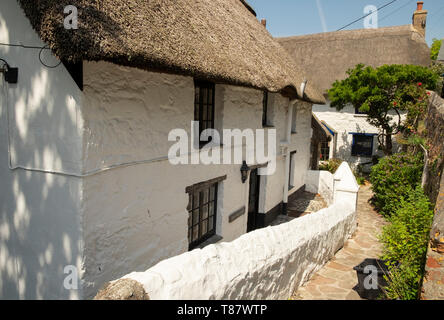 Dipinto di bianco con tetto di paglia di cottage del piccolo e pittoresco villaggio di pescatori di Cadgwith, Cornwall, Inghilterra Foto Stock