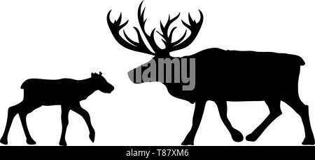 Il Cervo nord e renne bambino nero animale silhouette Illustrazione Vettoriale