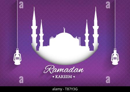 Silhouette moschea e manoscritti del ramadan kareem e lampade pensili con sfondo viola, vettore illustrazione, file eps Illustrazione Vettoriale