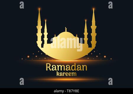 La Moschea dorata silhouette e scritto il ramadan kareem, lampade pensili con sfondo nero, vettore illustrazione, file eps Illustrazione Vettoriale