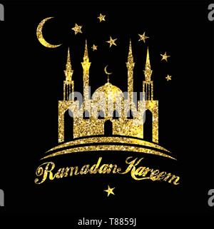 Il Ramadan Kareem o Eid mubarak saluto islamico di sfondo con la moschea di oro nero su sfondo colorato. Illustrazione Vettoriale