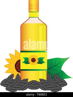 Olio di semi di girasole in bottiglia con i semi di girasole e fiore.illustrazione vettoriale Illustrazione Vettoriale